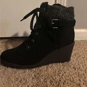 Faux Suede Black Wedge Boot